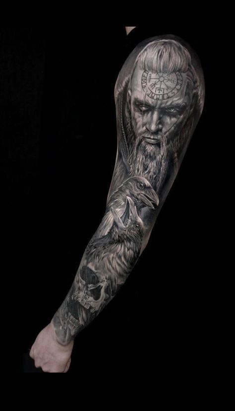 Tyr Norse God Tattoo, Odin Tattoo Sleeve, Viking Raven Tattoo Ideas, Nordic Tattoo Sleeve, Viking Raven Tattoo, Arm Tattoo Viking, Viking Sleeve Tattoo, Odin Raven Tattoo, Odin Tattoos