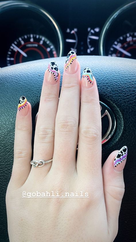 Western cow almond rainbow dot acrylic nails short Multi Colored Cow Print Nails, Rainbow Cow Nails, Summer Western Nail Ideas, Summer Cow Print Nails, Country Thunder Nails, Western Easter Nails, Almond Nails Cow Print, Almond Nails Western, Highland Cow Nails Designs