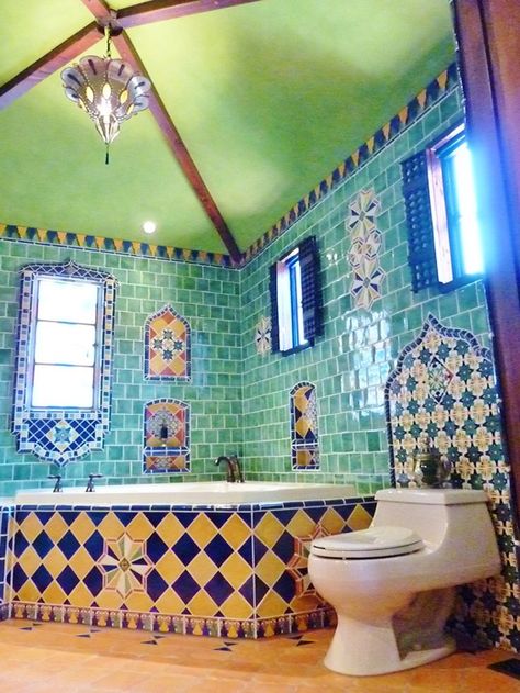 #mexican #bathroom #tiles in blue hacienda style by mymexicantile Talavera Tiles Bathroom, Mexican Tile Bathroom, Style Hacienda, Teal Shower, Green Ceiling, Spanish Style Bathrooms, Spanish Bathroom, Boho Glam Home, Mexican Bathroom