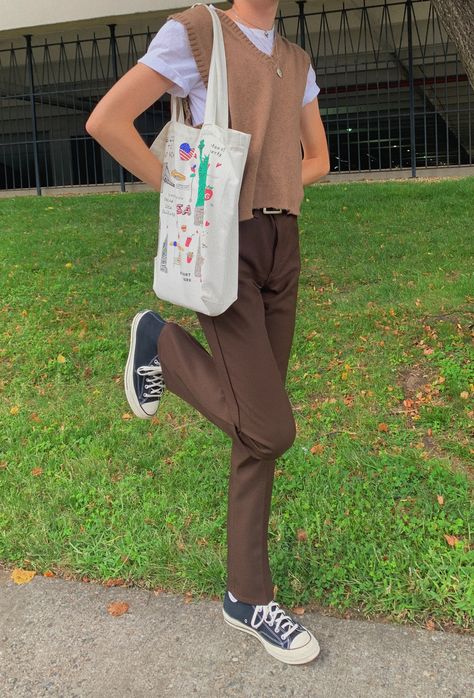 male ootd brown monochrome sweater vest aesthetic academia Outfits With Tote Bags, Male Teacher Outfits, Tote Bag Outfit, Outfit Male, Male Teacher, Bag Outfit, Teacher Outfit, Brown Outfit, My Vibe