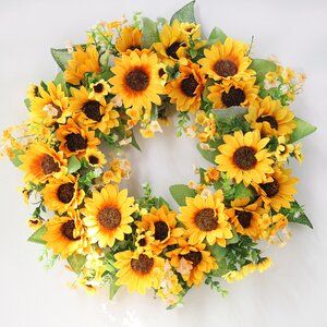 Highland Dunes Preserved 20" Shell Wreath | Wayfair Yellow Flower Wreath, Garden Sunflowers, Mesh Wreaths Diy, Blue Neon Lights, Silk Wreaths, Fall Decor Wreaths, Decorated Wreaths, Deco Mesh Wreaths Diy, Sunflower Bouquets