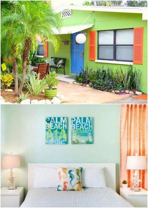 Colorful Florida cottages with cheerful interiors and they are for rent Simple Beach Cottage, Beach Cottage Interiors, Florida Beach Cottage, Beachy Pillows, Pool House Decor, Florida Cottage, Mobile Home Exteriors, Florida Design, Florida Homes