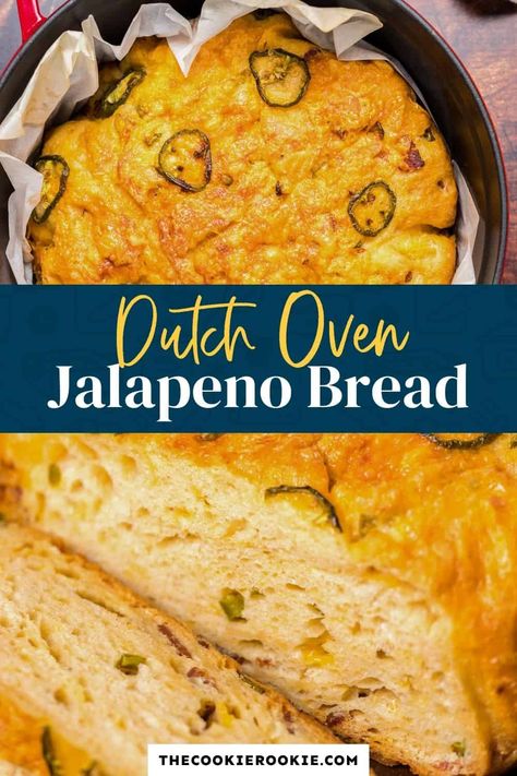 Made from scratch, this jalapeno bread is cooked in the Dutch oven for one delicious bite. Made with cheese, bacon and jalapenos, this savory bread is the real deal! No Knead Bread Dutch Oven, Foolproof Bread Recipe, Bread Dutch Oven, Jalapeño Bread, Jalapeno Cheese Bread, Quick Dinner Rolls, Cheddar Bread, Oven Bread, Dutch Oven Bread