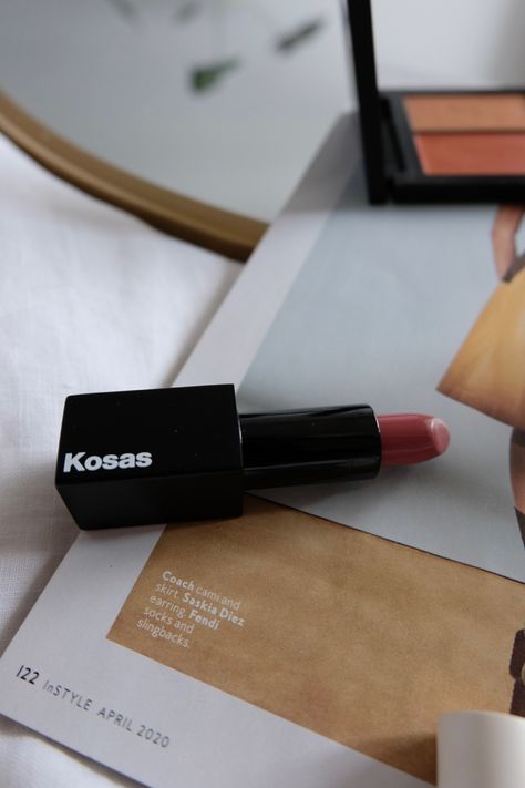 Kosas rosewater lipstick flatlay Kosas Lip Gloss, Kosas Lip Balm, Kosas Rosewater Lipstick, Kosas Eyeshadow, Kosas Revealer Foundation, Lipstick Flatlay, Fendi Socks, Rose Water, Fendi