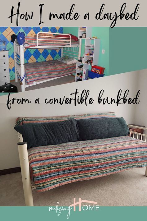 before and after pictures. Before is a bunkbed. After is a daybed. Metal Twin Bed Frame, Metal Twin Bed, Upscale Decor, Diy Daybed, Daybed Design, Bottom Bunk, Cabin Inspiration, Metal Bunk Beds, King Size Headboard