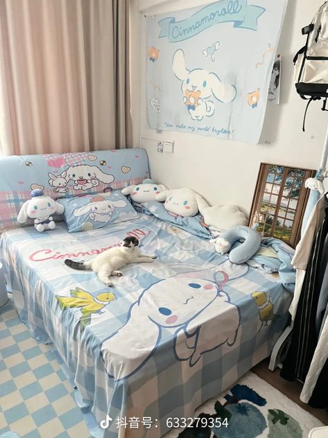 Cinnamon Roll Bedroom, Cinnamon Roll Room, Cinnamoroll Bedroom, Cinnamoroll Room, Blue Room Inspiration, Sanrio Room Decor, Sanrio Bedroom, Sanrio Room, Hello Kitty Bedroom