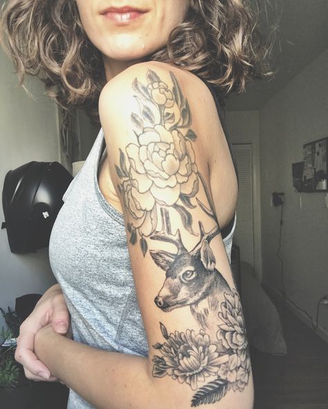 Deer And Flowers Tattoo, Deer Skull Sleeve Tattoo, White Deer Tattoo, Deer Tattoo With Flowers, Deer With Flowers Tattoo, Women's Half Sleeve Tattoo, Deer Tattoos For Women Beautiful, Deer Flower Tattoo, Wildlife Tattoo Women