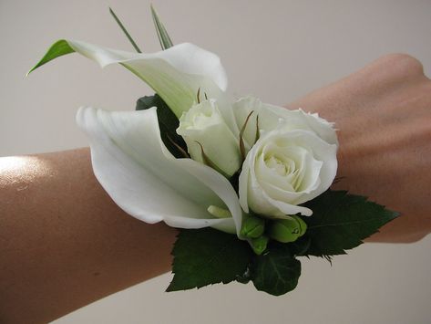 Rose & Calla Wrist Corsage | Emma Norton Flowers | Flickr Emma Norton, Bride Corsage, White Calla Lily Bouquet, Calla Lily Boutonniere, Wrist Corsage Wedding, Wrist Corsage Prom, Prom Corsage And Boutonniere, Calla Lily Wedding, Prom Corsage