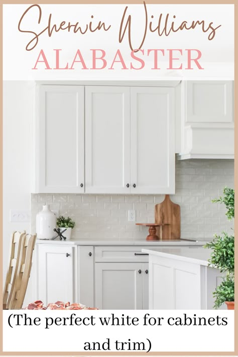 Sherwin Williams Alabaster. A warm white paint color for cabinets and trim Paint Color For Cabinets, Alabaster Kitchen Cabinets, Sherwin Williams Alabaster White, Warm White Paint, Painting Trim White, Sherwin Williams Alabaster, White Paint Color, Sherwin Williams White, Cabin Renovation