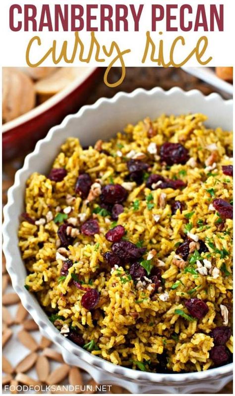 This Cranberry-Pecan Curry Rice is full of Fall flavors and soul-warming curry! Serve it for a weeknight dinner or on Thanksgiving! via @foodfolksandfun Thanksgiving Rice, Curry Rice Recipes, Grain Recipes, Olive Oil Garlic, Rice Side Dishes, Curry Rice, Fall Flavors, Cranberry Recipes, Rice Grain