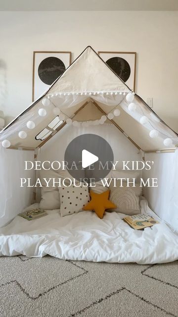 Sandra Bojchuk on Instagram: "The kids seriously love this thing. And the whole family can sit in it. Comment ” PLAY “ and I’ll send you links to everything💛💜💙💚❤️🧡🩷🤍🩵 Playhouse, playroom, fort, play tent, kids decor, reading nook, neutral style, neutral decor" Playroom Tent, Play Tents For Kids, Playhouse Playroom, Play Nook, Kids Nook, Small Playroom, Mom Things, Indoor Kids, Kids Play Tent