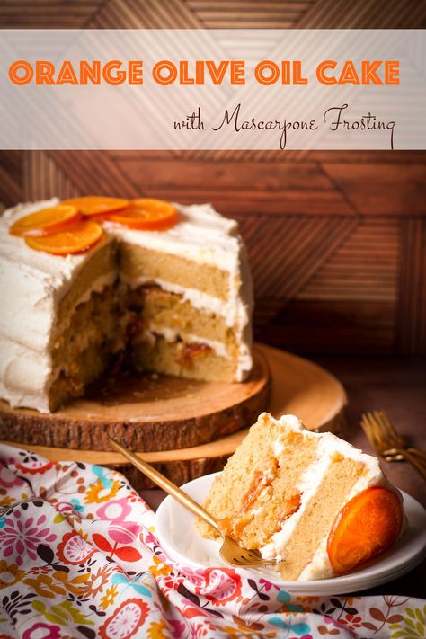 This light, tender, impossibly moist orange olive oil cake layered with orange marmalade and creamy mascarpone frosting is bursting with citrus flavor. Lemon Orange Cake, Cake With Mascarpone Frosting, Orange Layer Cake, Italian Treats, Orange Olive Oil Cake, Orange Olive Oil, Cake With Mascarpone, Olive Oil Cake Recipe, Baking Bad