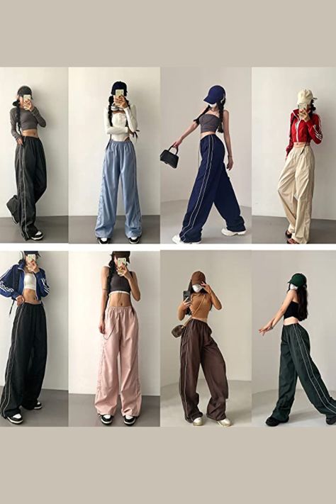 Baggy pants are back in style and more versatile than ever! Pair them with a chic crop top for a trendy daytime look, or cozy up with a sweatshirt for ultimate comfort. Don't forget to add a stylish belt bag to complete the outfit and keep your essentials close. Baggy Pants Crop Top, Baggy Pants Crop Top Outfit, Crop Tops Baggy Pants, Baggy Pants With Crop Top, Baggy Pant And Crop Top, Bag Pants Outfit, Sporty Baggy Parachute Pants, Baggy Wide-leg Casual Parachute Pants, Casual Baggy Wide-leg Parachute Pants