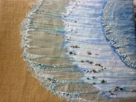 Slow Stitching Beach, Slow Stitch Beach Scene, Seascape Textile Art, Textile Seascapes, Landscape Textiles, Ocean Textile Art, Painting With Fabric, Beach Textiles, Seascape Embroidery