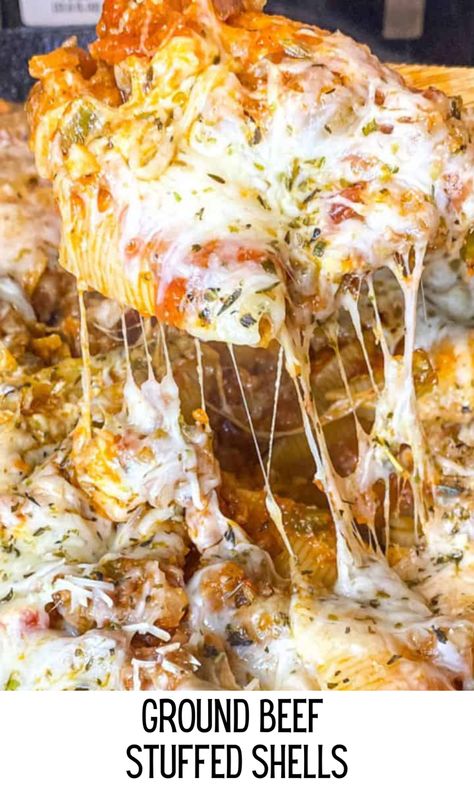 This ground beef stuffed shells recipe is a hearty meal of flavorful ground beef, tasty tomato sauce, and three cheeses. Stuffed jumbo shells topped with mozzarella are baked to bubbly perfection in just 30 minutes for a quick and easy weeknight dinner. #stuffedshellsrecipe #groundbeefrecipes #pasta #dinnerideas Stuffed Jumbo Shells Recipe Ground Beef, Ground Beef Stuffed Shells, Stuffed Jumbo Shells, Beef Stuffed Shells, Jumbo Shell Recipes, Stuffed Shells Beef, Ground Beef And Spinach, Stuffed Shells With Meat, Easy Stuffed Shells