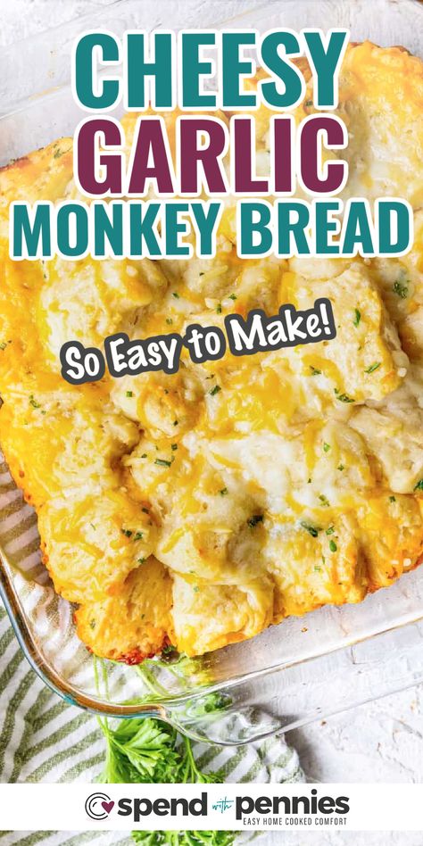 This easy cheesy pull apart bread is the perfect appetizer for a crowd! Loaded with garlic, butter, and cheese, garlic monkey bread is the ultimate snack for game day or a potluck. #cheesypullapartbread #garlicmonkeybread #appetizer #spendwithpennies Garlic Pull Apart Bread Biscuits, Cheesy Garlic Monkey Bread, Cheese Monkey Bread, Garlic Monkey Bread, Cheesy Garlic Biscuits, Biscuit Monkey Bread, Appetizer For A Crowd, Savory Monkey Bread, Pull Apart Garlic Bread