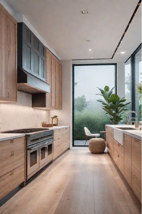 Galley kitchen with light wood cabinets Kitchen Design Dark Wood Floor, Modern Kitchen High Ceiling, Light Filled Kitchen, Kitchen Floors 2024, Concrete Wood Kitchen, Minimalist Galley Kitchen, Modern White Oak Kitchen, Kitchen Aesthetic Minimalist, Small Nyc Kitchen