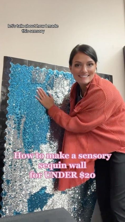 Wall Sensory Board, Sensory Room School Ideas, Sensory Hanging Ideas, Flip Sequin Board Diy, Sensory Wall Activities, Sensory Wall Panels, Classroom Shelf Covers, Sequin Wall Classroom, Sensory Decorations Classroom