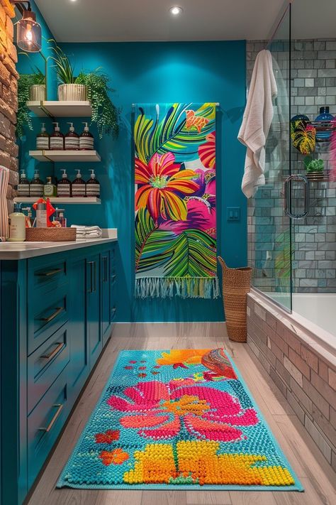 Vibrant Decor Interiors, Bright Colorful Bathroom Ideas, Turquoise And Yellow Bathroom, Boho Colorful Bathroom, Colorful Home Aesthetic, Bright Color Interior Design, Turquoise Bathroom Ideas, Magenta Bathroom, Bright Bathroom Ideas