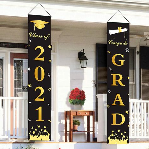 Gold Graduation Decorations, Black And Gold Graduation, Welcome Banners, Outdoor Graduation, Grad Banner, Gold Graduation Party, Porch Door, Graduation Crafts, Graduation Party Decorations