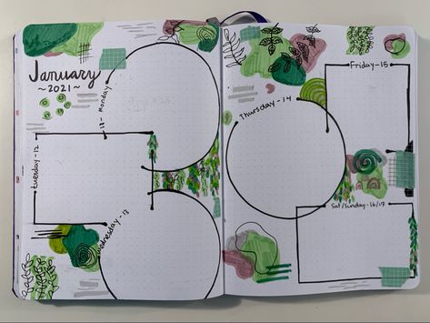 Nature Bujo Theme, Green Bujo Ideas, Bujo Forest Theme, Bujo Plants Theme, Drawing Planner, Bujo 2023, Forest Journal, Animal Line Drawings, Journal Weekly Spread