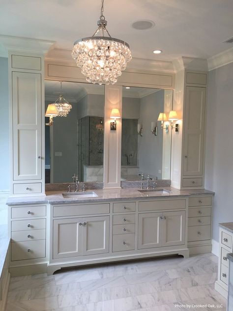 Bathroom vanity with tower cabinets and center rail. Selecting A Vanity post @ Be Colorful Coastal. #greycabinet #bathrooms #bathroomdesign #becolorfulcoastal Ivory Cabinets, Bathroom Vanity Designs, Elegant Lighting Fixtures, Bad Inspiration, Master Bath Remodel, Vanity Design, Bathroom Redo, Dream Bathrooms, Bathroom Renos