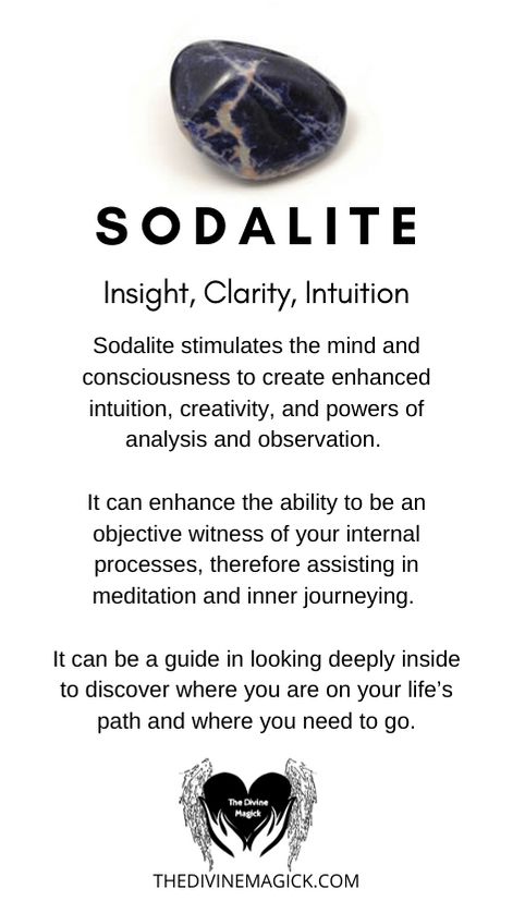 Sodalite (Insight, Clarity, Intuition) Sodalite Crystal Meaning, Stone Meanings, Sodalite Crystal, Crystal Guide, Crystals Healing Properties, Spiritual Crystals, Crystals Healing, Crystal Therapy, Meditation Crystals