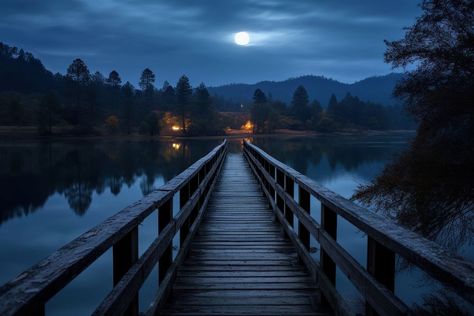 Bridge night lake moon. AI generated Image by rawpixel. | premium image by rawpixel.com / Chalr Lake Bridge, Bridge Night, Night Lake, Star Space, Wooden Bridge, Under The Moon, Plant Spacing, At Night, Photo Image