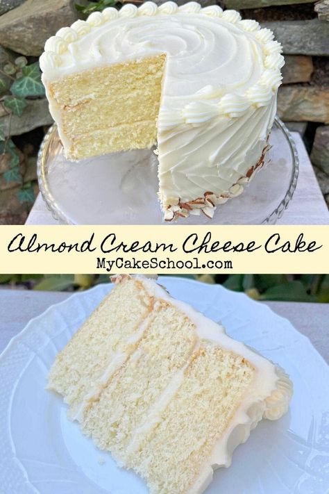 My Cake School Recipes, Cream Cheese Layer Cake, Almond Cream Cake, Almond Cream Cheese, 2 Layer Cake, My Cake School, Frosting Recipes Easy, Almond Cake Recipe, Layer Cake Recipes