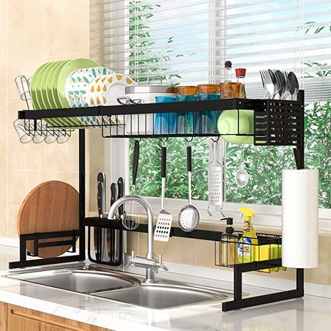 Amazon.com: Over The Sink Dish Drying Rack Adjustable(21.7"-39.4"), 2 Tier Stainless Steel Large Dish Drainer, Dish Rack Over Sink for Kitchen Counter Organization Storage Space Saver with Utensils Holders: Home & Kitchen Over Sink Dish Drying Rack, Sink Dish Drying Rack, Organiser Cucina, Kitchen Space Savers, Kitchen Countertop Organization, Kitchen Counter Organization, Stainless Steel Paint, Sink Dish Rack, Kitchen Sink Storage