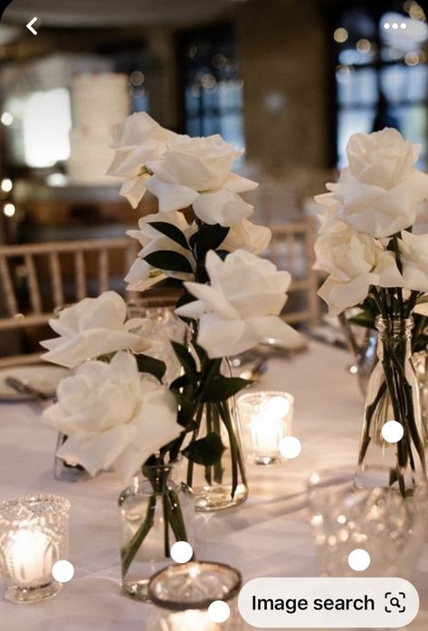 Bud Vases And Candles, Wedding Reception Styling, White Rose Centerpieces, Bud Vases Wedding, Reception Styling, Modern Elegant Wedding, Creek Wedding, White Roses Wedding, White Wedding Theme