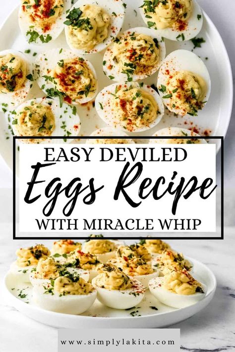 Make a batch of Easy Deviled Eggs with Miracle Whip, sweet pickle relish, mustard, salt, ground black pepper, and a sprinkle of paprika. They're creamy, flavorful, and perfect to share for special occasions, family gatherings, and holiday dinners. simplylakita.com #easydeviledeggs Deviled Eggs With Miracle Whip, Miracle Whip Recipes, Deviled Eggs Relish, Deviled Eggs With Relish, Easy Deviled Eggs, Sweet Pickle Relish, Devilled Eggs Recipe Best, Devilled Eggs, Deviled Eggs Easy