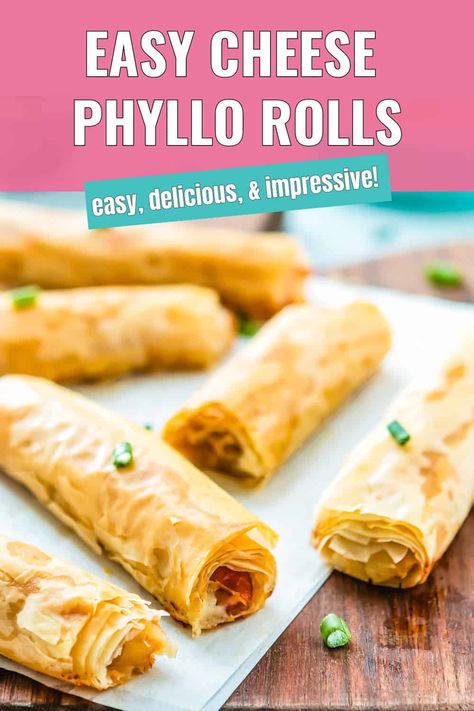 These Easy Cheese Phyllo Rolls are easy, delicious, and impressive! They're crispy, flaky phyllo pastry wrapped around melty cheese and savory prosciutto, which is a crowd-pleaser for sure. Plus, they’re so versatile—you can serve them for any occasion, and they’re bound to disappear fast!  Whether you’re hosting friends, need a quick snack, or just want to treat yourself, these rolls are a fantastic choice. How To Use Phyllo Dough, What To Make With Phyllo Dough, Philo Dough Ideas, Easy Phyllo Dough Recipes Desserts, Phyllo Sheets Recipes, Philo Pastry, Eggless Dinner, Phyllo Appetizers, Phyllo Rolls