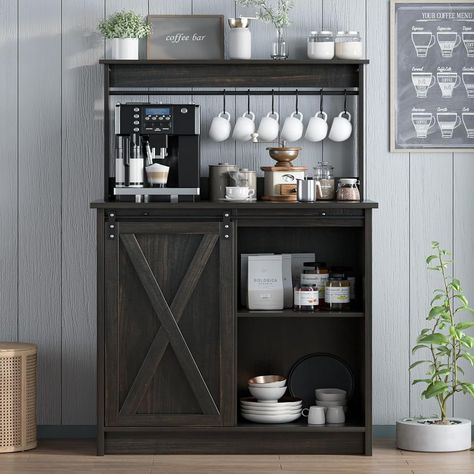 PRICES MAY VARY. FARMHOUSE STYLE: The Farmhouse Coffee Bar Cabinet is made up of dark oak wood grain and black metal shelves, a combination that gives this bar cabinet a strong farmhouse style. Unique sliding door design in addition to maximizing your living space, this Coffee bar with smart rustic gray finish also adds rustic style to your home. The stylish X pattern gives your room an innovative beauty. LARGE STORAGE SPACE:Spacious 2-tier table top of coffee bar hutch for living room perfectly