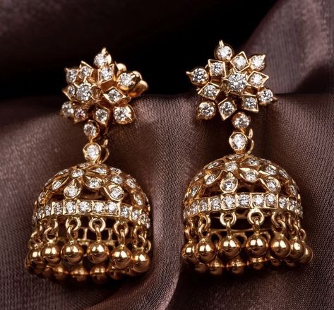 Diamond Jumki Designs, Karaikudi Diamond Necklace, Jimmikki Kammal Design, Diamond Jhumkas Bridal, Small Diamond Jhumkas Indian, Gold Earrings Indian Jhumkas, Kundan Buttalu Gold Earrings, Small Diamond Jhumkas, Gold Earrings Designs Jhumka