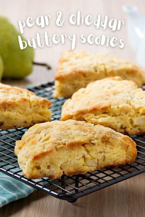 Easy savory scones recipe for breakfast! These cheddar pear scones are great for simple healthy mornings. Fast and easy to make with minimal ingredients. Baked in just 25 minutes! They're quickly ready to serve for a beautiful brunch aesthetic. The combo of sweet pears with savory cheddar cheese make these the best scones for a crowd. Scones breakfast recipe that's great for beginner bakers. Visit USAPears.org to make today and be sure to save this pin for later! Pear Recipes Breakfast, Savory Pear Recipes, Pear Scones, Pear Recipes Easy, Savory Scones Recipe, The Best Scones, Best Scones, Pear Muffins, Beautiful Brunch