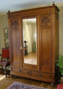 Antique French Armoire Wardrobe Mirror + Carving Old Beveled Mirror~Mahogany~Original Hardware~Lock + Key Antiques from Europe for the most discriminating Home! We have many beautiful Items for your h Antique Armoire Wardrobe, Antique Wardrobe Closet, Wardrobe Mirror, Vintage Armoire, Mirrored Armoire, Oak Wardrobe, Antique Wardrobe, Armoire Wardrobe, French Armoire