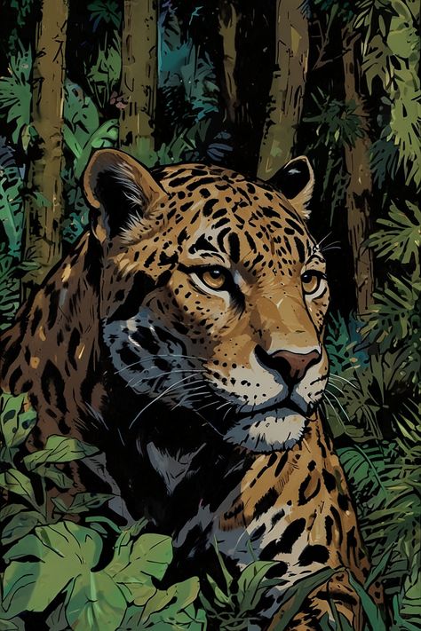 A Pop art portrait of a jaguar in the jungle 0 Jaguar Character Design, Jaguar Drawing, Jaguar Painting, Jaguar Art, Jaguar Wallpaper, Jungle Animal Art, Animal Medicine, Tiger Pictures, Big Cats Art