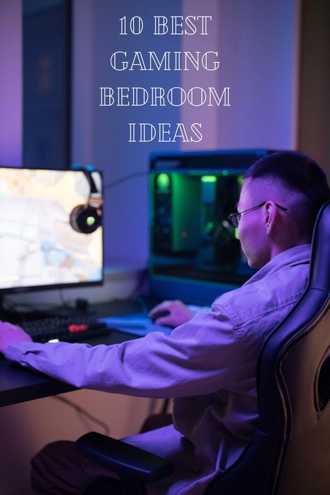 young man playing video games in bedroom Simple Gaming Bedroom Ideas, Gamer Bedroom Setup, Boys Room Gamer Bedroom Ideas, Gaming Bedroom Ideas For Men, Teen Gamer Bedroom Ideas, Teen Boy Gaming Bedroom, Small Gaming Bedroom Ideas, Teen Boy Room Ideas Gaming, Gaming Room Ideas Bedrooms