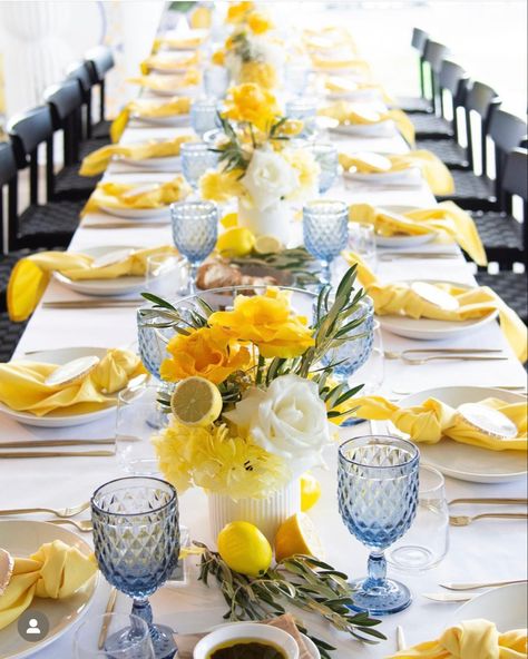 Yellow Wedding Ideas, Italian Bridal Showers, Blue And Yellow Wedding, Lemon Themed Party, Lemon Themed Bridal Shower, Wedding Color Scheme, Italian Party, Cascading Wedding Bouquets, Table Setting Decor