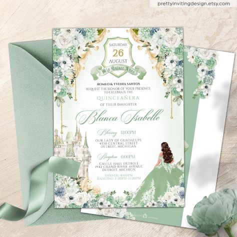 Mint Green Princess Quinceanera Invitation, Seafoam Green Fairytale Quinceañera, Light Green & Gold Princess Luxury Castle Quinceanera  V6 Luxury Castle, Invitations Quinceanera, Green Princess, Quinceanera Invitation, Us Holidays, Singles Events, Quinceanera Invitations, Royal Princess, Colored Envelopes