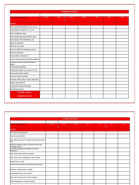 This document outlines the daily opening and closing checklists for a bar and lounge. The opening checklist includes over 20 tasks to prepare the bar for service such as cleaning surfaces, stocking supplies, checking equipment, and verifying the cash drawer. The closing checklist similarly includes over 20 closing tasks like removing pour spouts, cleaning surfaces and equipment, storing products, taking out trash, and securing the bar area. Completing both checklists fully prepares and closes Bar Cleaning Checklist, Closing Checklist, Bar And Lounge, Bar Flooring, Cash Drawer, All Refrigerator, Clean Sink, Checklist Template, Bar Area