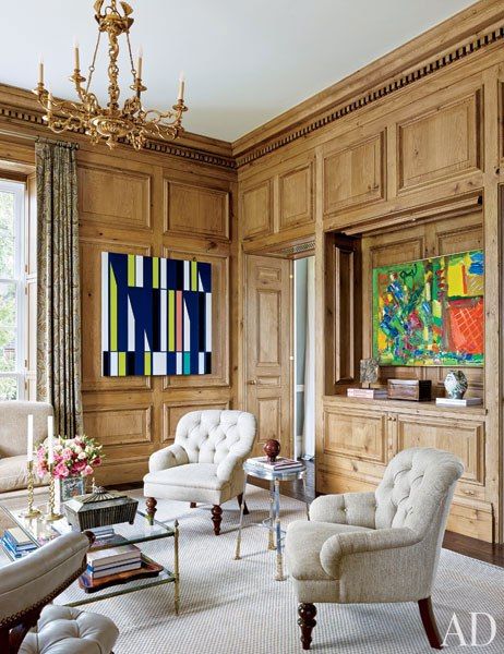 The oak-paneled library in a Houston home, crafted by architect Allan Greenberg and designer Elissa Cullman. Paneled Library, Traditional Interior Design, Oak Panels, Design Library, Design Salon, Elegant Living, Transitional Decor, Traditional Interior, Architectural Digest