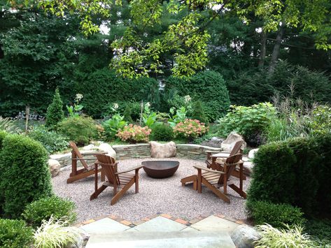 Patio and fire pit garden - Traditional - Patio - Burlington - by Susan Els Garden & Landscape Design | Houzz Outdoor Fire Pit Area, Pea Gravel Patio, Outdoor Fire Pit Designs, Fire Pit Landscaping, Gravel Patio, Sloped Backyard, Outdoor Seating Area, Garden Fire Pit, Pea Gravel