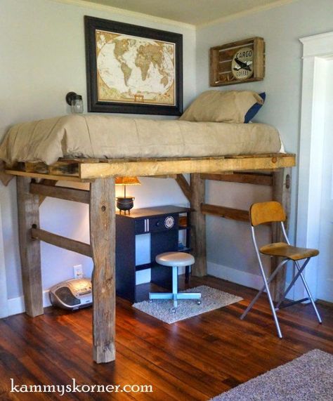 DIY Pallet Furniture Ideas - DIY Pallet Loft Bed - Best Do It Yourself Projects Made With Wooden Pallets - Indoor and Outdoor, Bedroom, Living Room, Patio. Coffee Table, Couch, Dining Tables, Shelves, Racks and Benches http://diyjoy.com/diy-pallet-furniture-projects Pallet Loft Bed, A Loft Bed, Loft Bed Plans, Diy Loft Bed, Rustic Loft, Pallet Beds, Pallet Projects Furniture, Pallet Bed, Pallet Couch