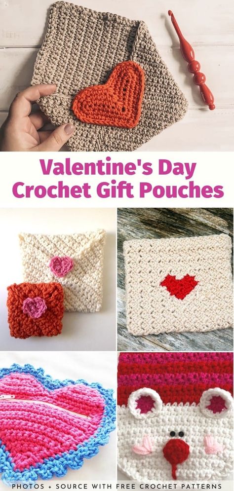 Valentine's Day Crochet, Crochet Valentines, Crochet Valentine Patterns, Crochet Heart Pattern, Valentines Patterns, Crochet Pouch, Valentines Crochet, All Free Crochet, Crochet Gift