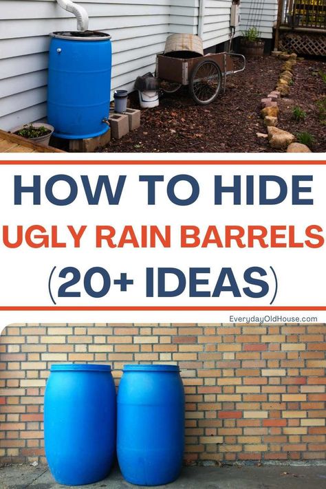 Struggling with an unsightly rain barrel disrupting your home's curb appeal? Discover these creative AND easy ways to hide your water barrel while maintaining aesthetic harmony in your home. Barrel Garden Ideas, Diy Rain Barrel, Rain Barrel Stand, Rain Barrel System, Ways To Conserve Water, Barrels Diy, Water Barrel, Front Yards, Rainwater Harvesting