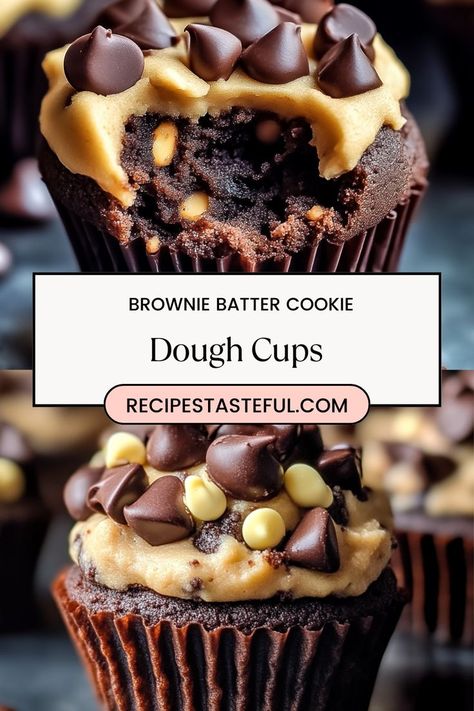 These delicious Brownie Batter Cookie Dough Cups combine rich brownie batter and sweet cookie dough, topped with melted chocolate. A perfect treat for chocolate lovers, these cups are easy to make and irresistibly tasty! Master Cookie Dough Recipe, Brownie Batter Cookie Dough, Cookie Dough Cups, Cookie Dough Filling, Cookie Dough Recipe, Brownie Cups, Cookie Dough Recipes, Delicious Brownies, Brownie Batter