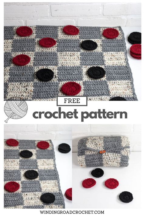 Make a creative crochet gift with the free crochet pattern. This crochet checkerboard game pattern makes a rug size checkerboard with large game pieces. This pattern is easy and works up quick. The board rolls up into a portable pouch to easy take this crochet project on the go. Links to helpful video tutorials available. Crochet Checkerboard Pattern, Giant Crochet, Winding Road Crochet, Checkerboard Rug, Crochet Game, Quick Crochet Projects, Basic Stitches, Stitch Crochet, Winding Road