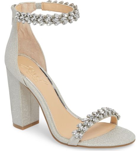 Jewel by Badgley Mischka Mayra Embellished Ankle Strap Sandal, Main, color, Silver Glitter Fabric Rose Gold Wedding Shoes, Gold Wedding Shoes, Jewel Badgley Mischka, Giuseppe Zanotti Heels, Embellished Heels, Low Heel Pumps, Wedding Shoes Heels, Evening Sandals, Strap Sandals Women